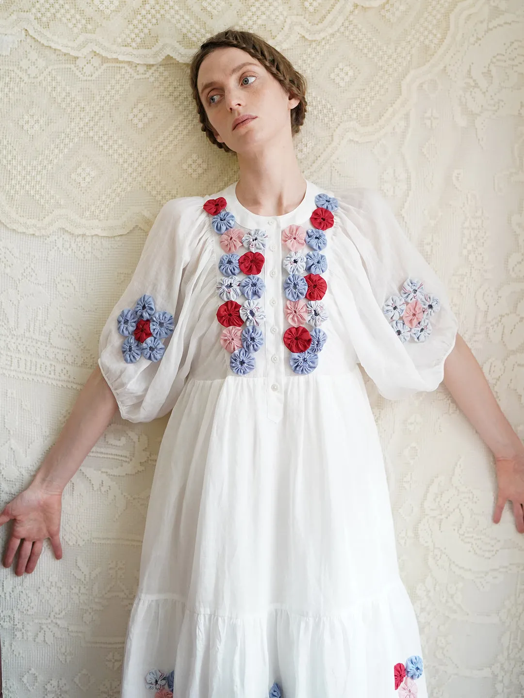 Unlogical Poem Folk Style Handmade Yoyo Flower Ramie Dress