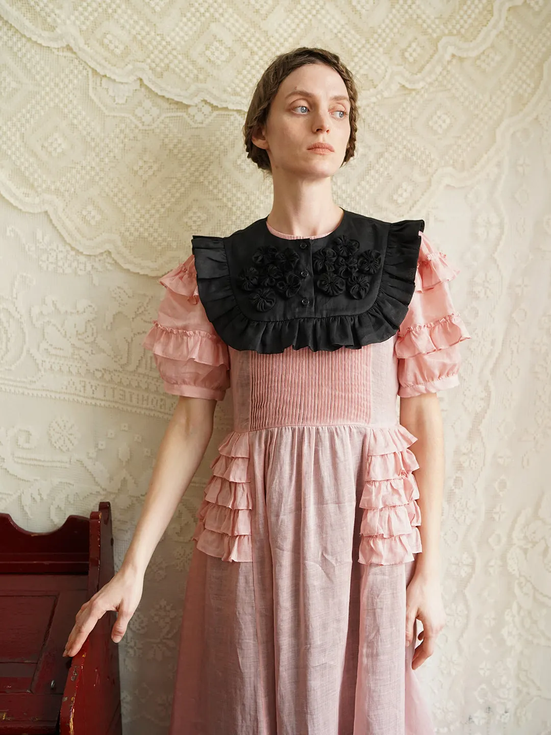 Unlogical Poem Victorian Style Ruffled Red/Black/Pink Ramie Dress