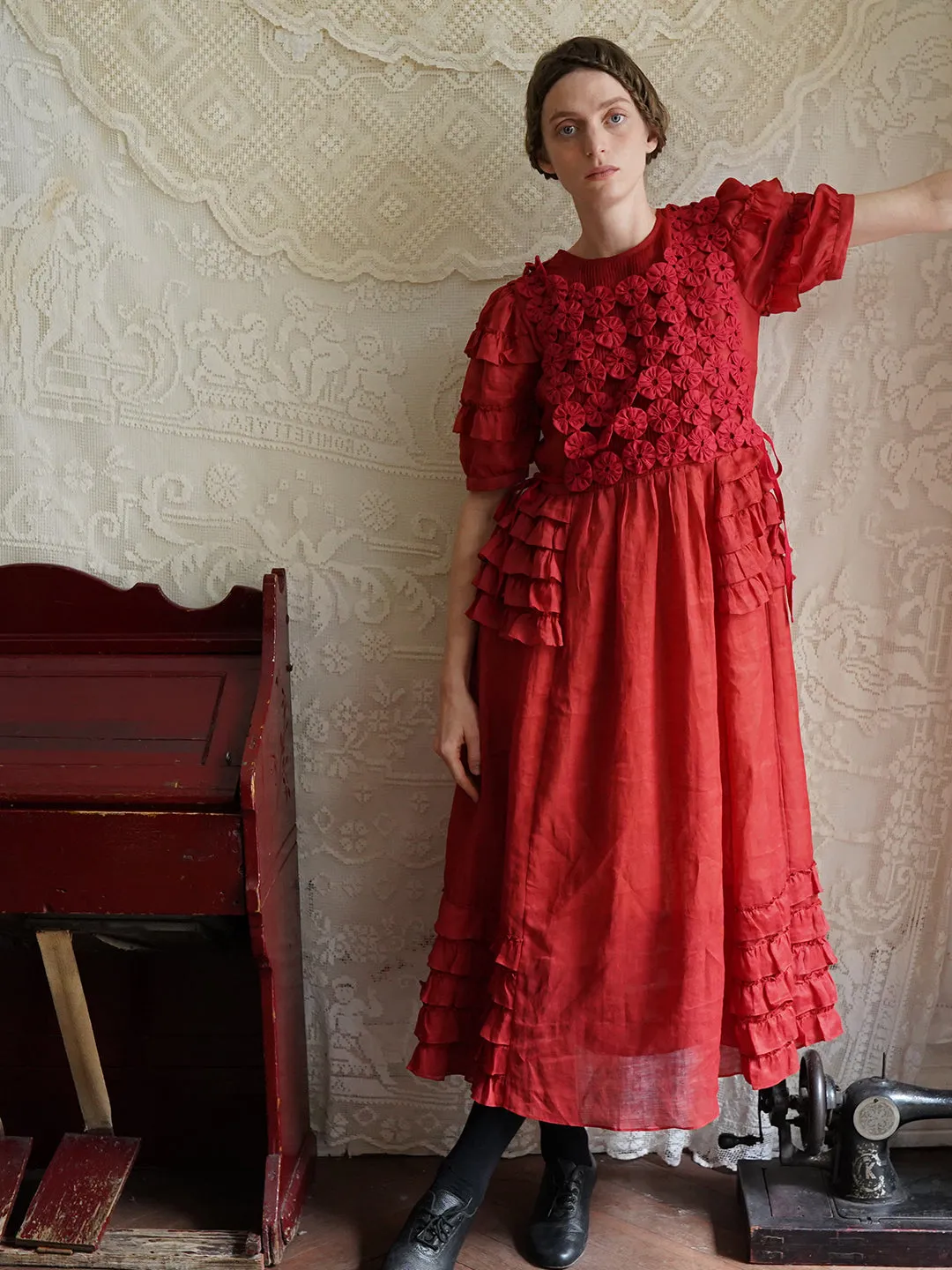 Unlogical Poem Victorian Style Ruffled Red/Black/Pink Ramie Dress