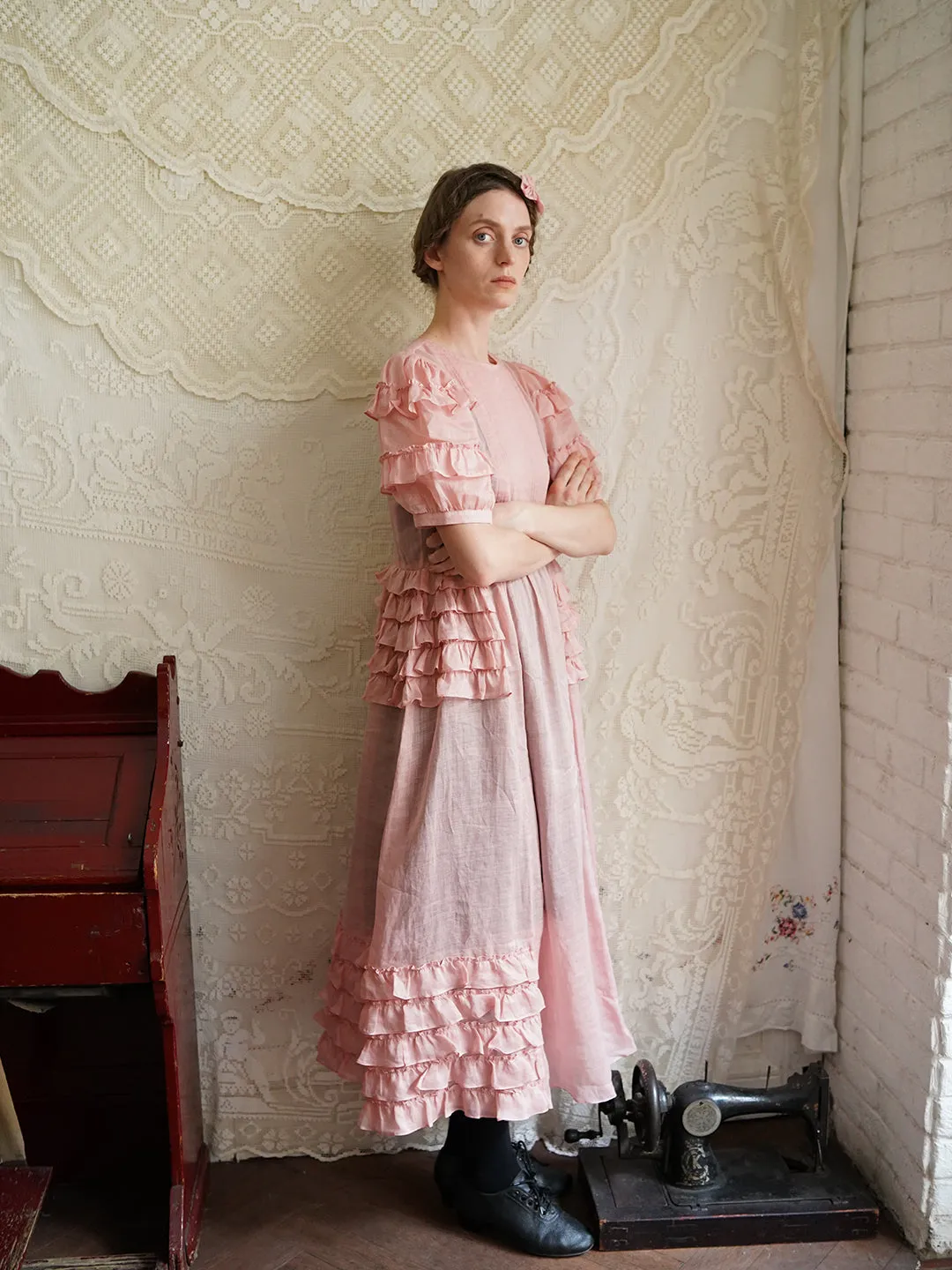 Unlogical Poem Victorian Style Ruffled Red/Black/Pink Ramie Dress