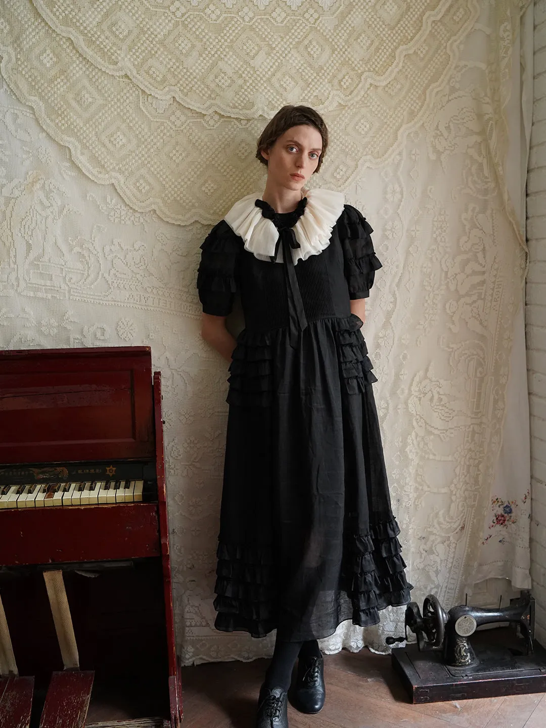 Unlogical Poem Victorian Style Ruffled Red/Black/Pink Ramie Dress