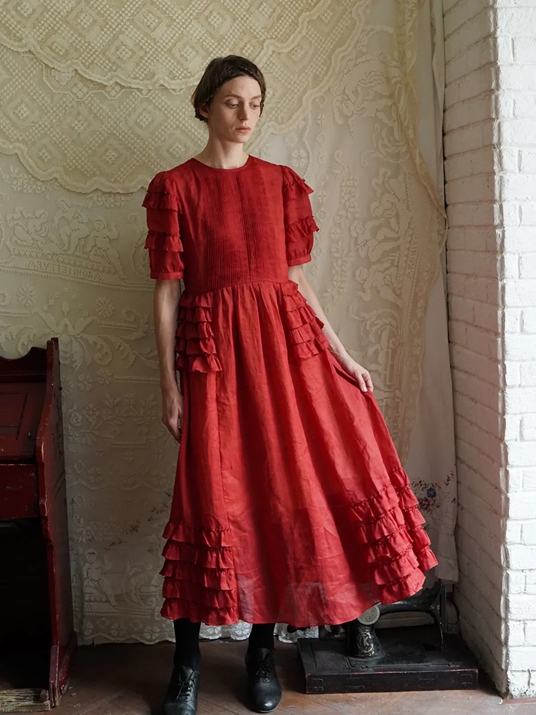 Unlogical Poem Victorian Style Ruffled Red/Black/Pink Ramie Dress