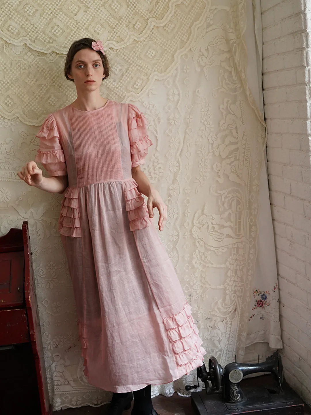 Unlogical Poem Victorian Style Ruffled Red/Black/Pink Ramie Dress