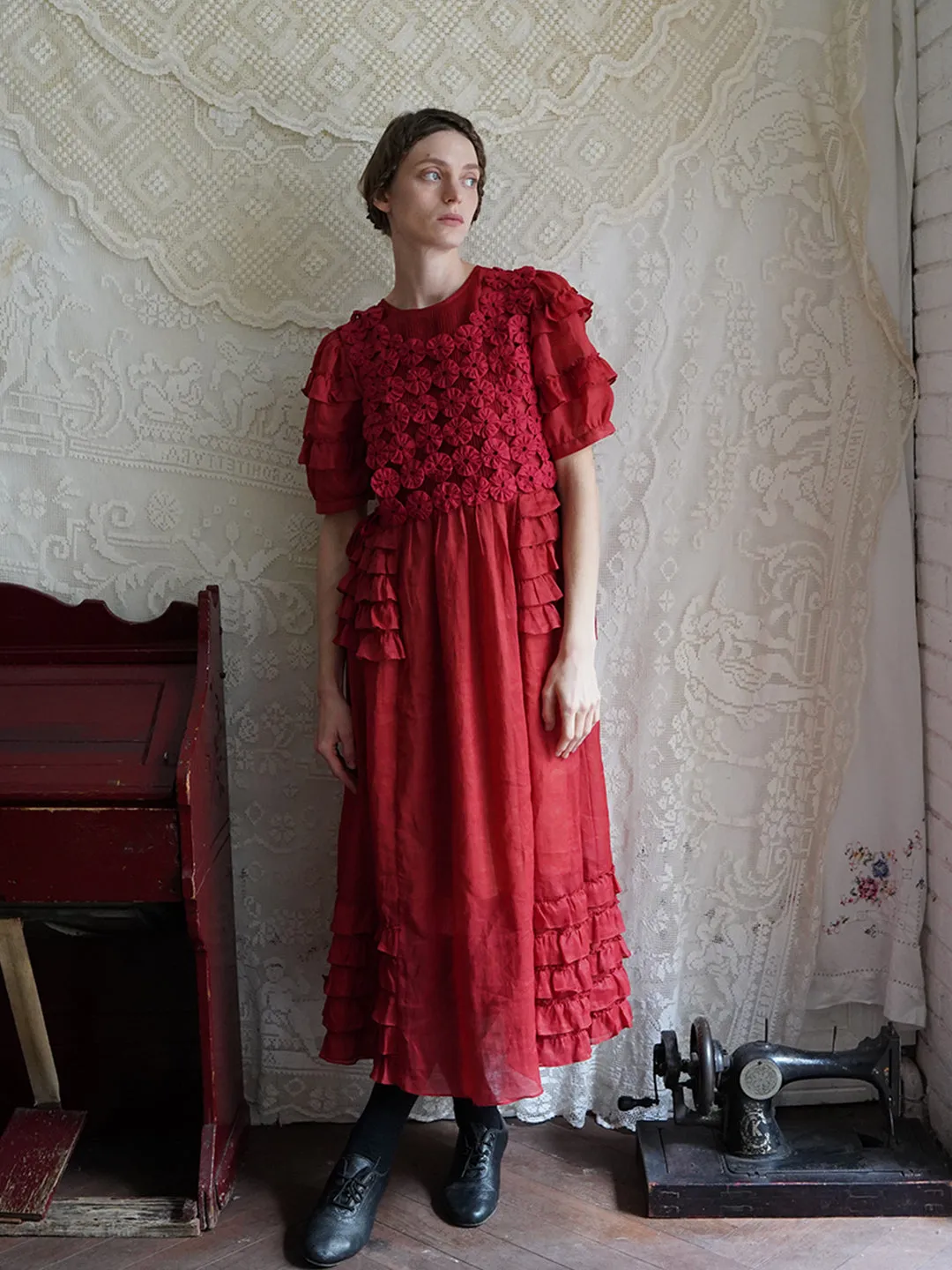 Unlogical Poem Victorian Style Ruffled Red/Black/Pink Ramie Dress