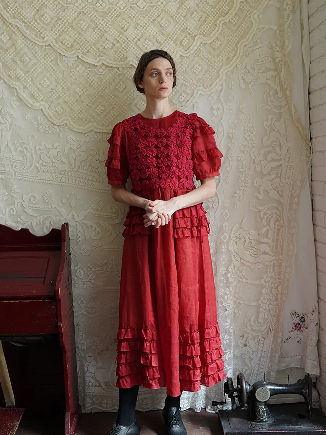 Unlogical Poem Victorian Style Ruffled Red/Black/Pink Ramie Dress