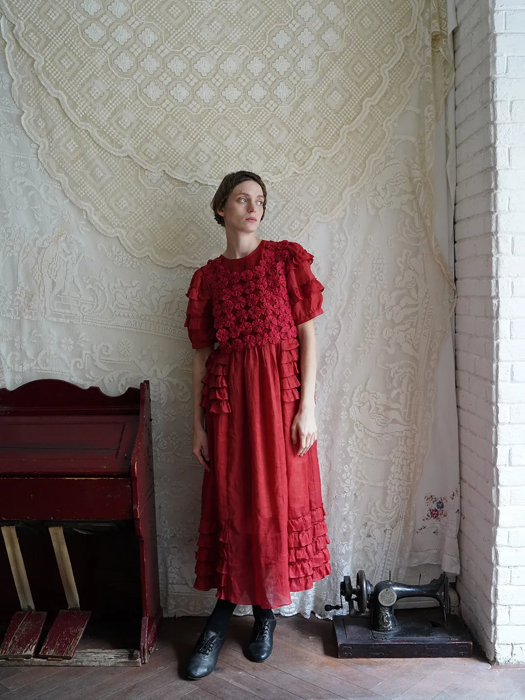 Unlogical Poem Victorian Style Ruffled Red/Black/Pink Ramie Dress