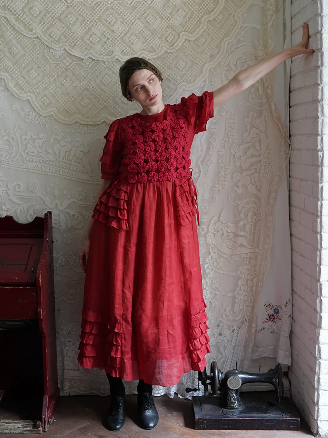 Unlogical Poem Victorian Style Ruffled Red/Black/Pink Ramie Dress
