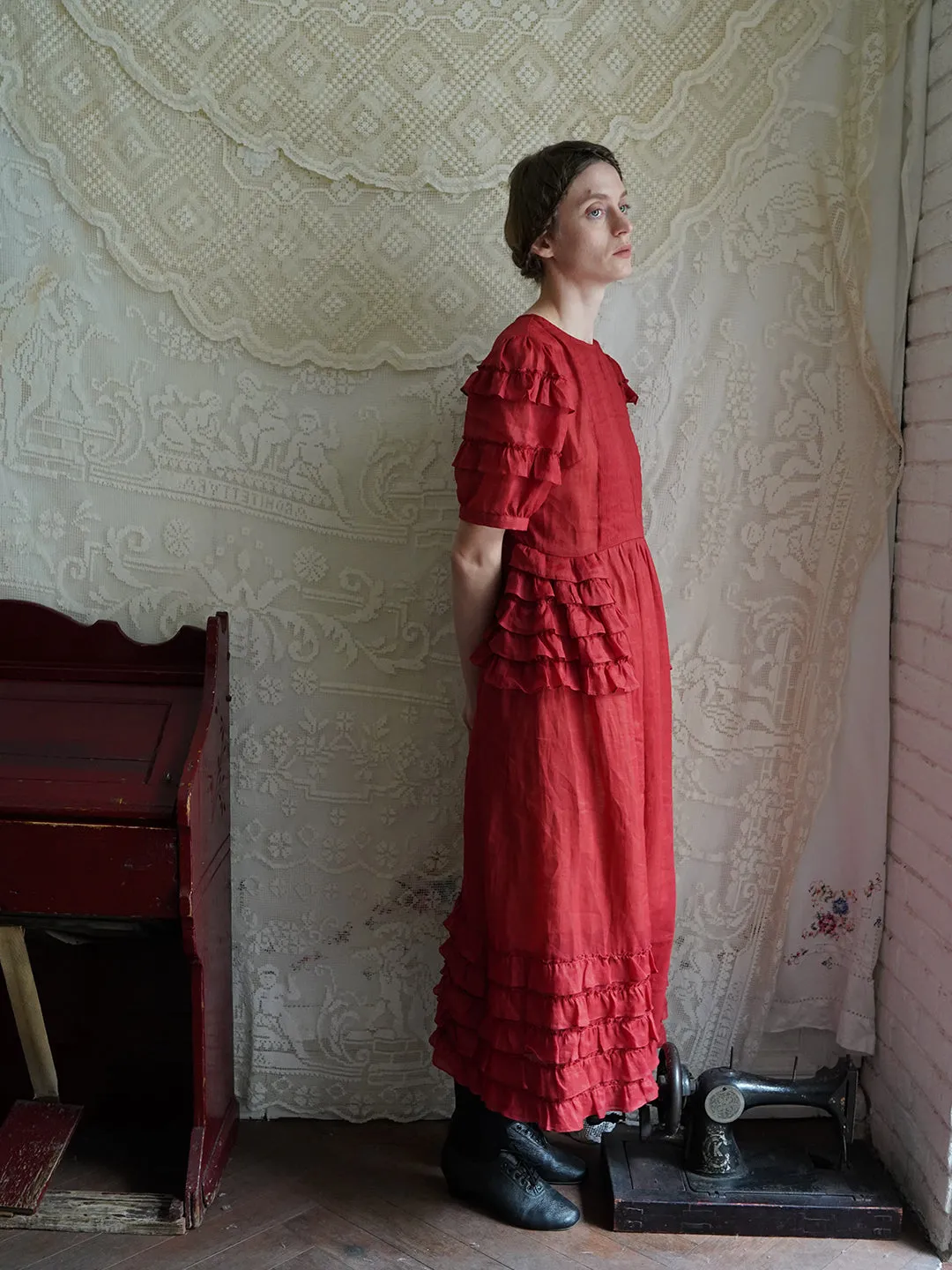 Unlogical Poem Victorian Style Ruffled Red/Black/Pink Ramie Dress