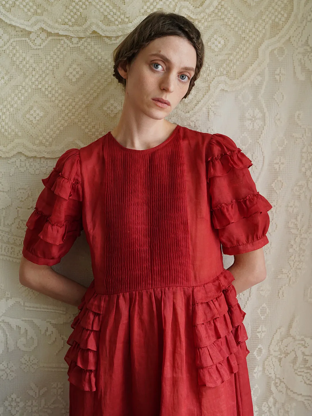 Unlogical Poem Victorian Style Ruffled Red/Black/Pink Ramie Dress