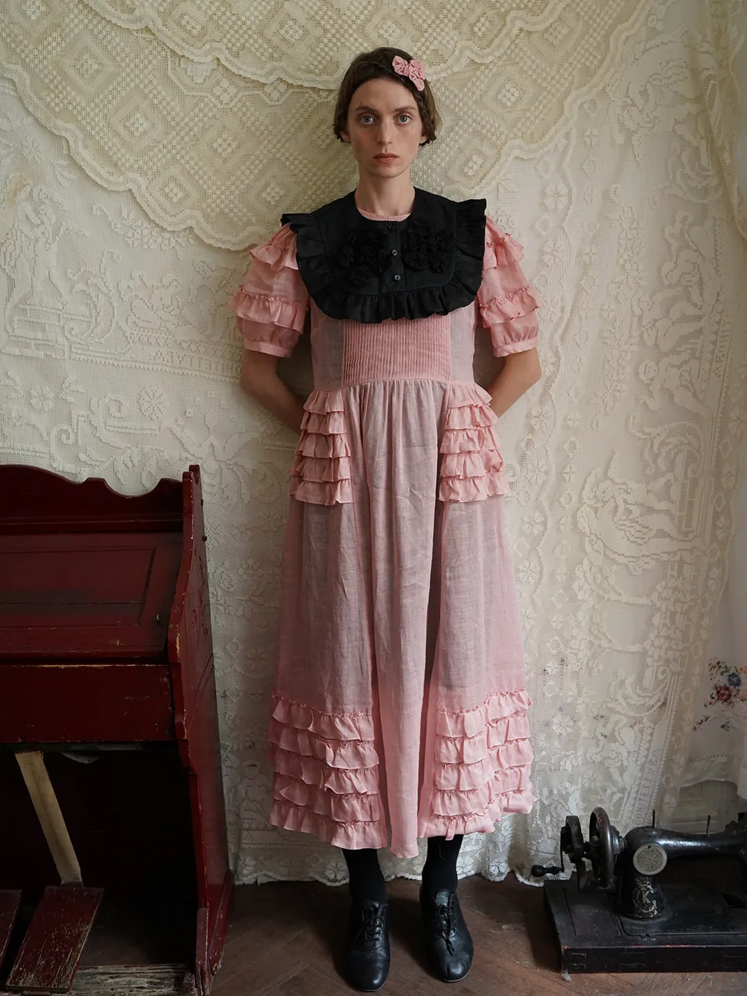 Unlogical Poem Victorian Style Ruffled Red/Black/Pink Ramie Dress