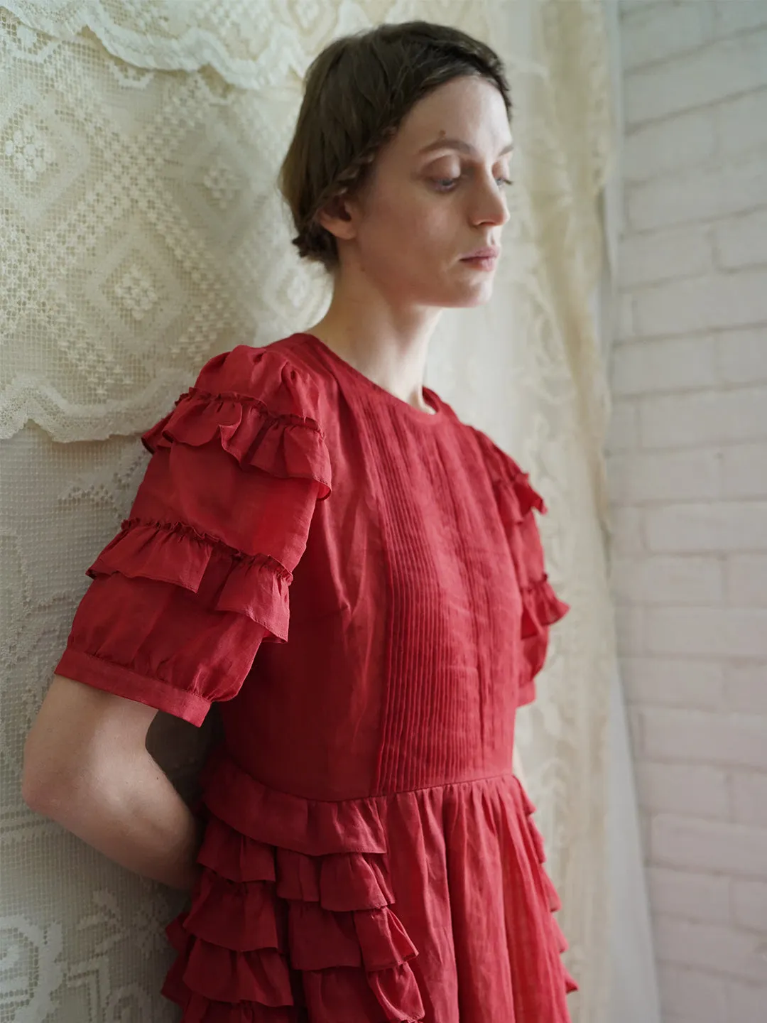 Unlogical Poem Victorian Style Ruffled Red/Black/Pink Ramie Dress