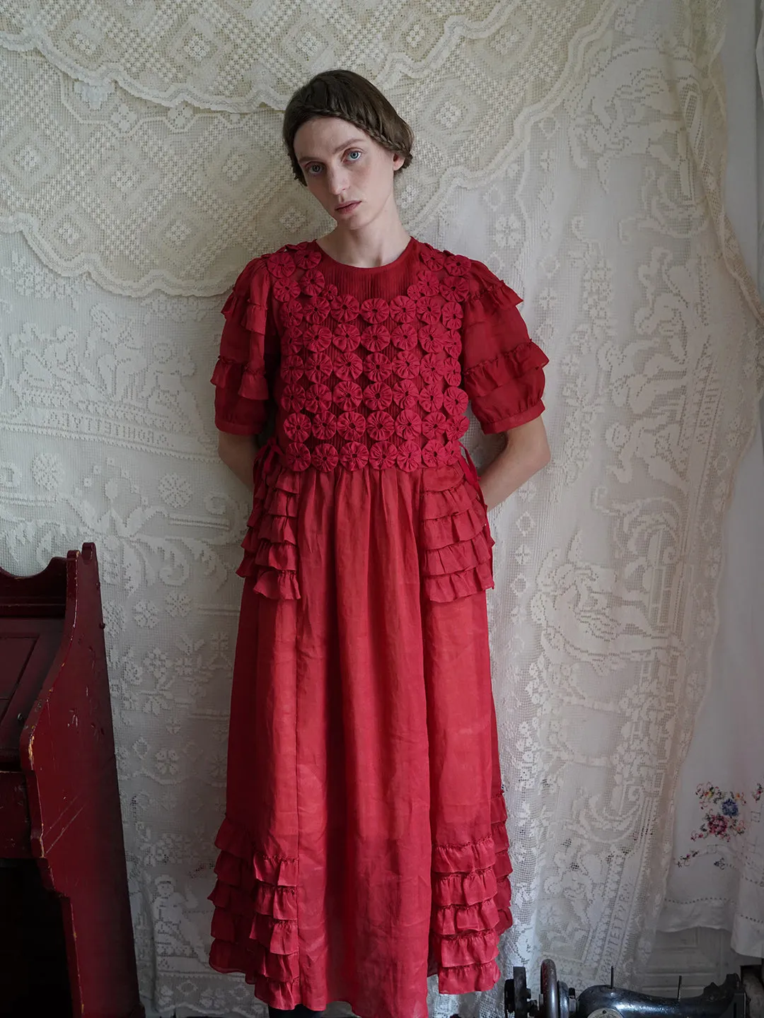 Unlogical Poem Victorian Style Ruffled Red/Black/Pink Ramie Dress