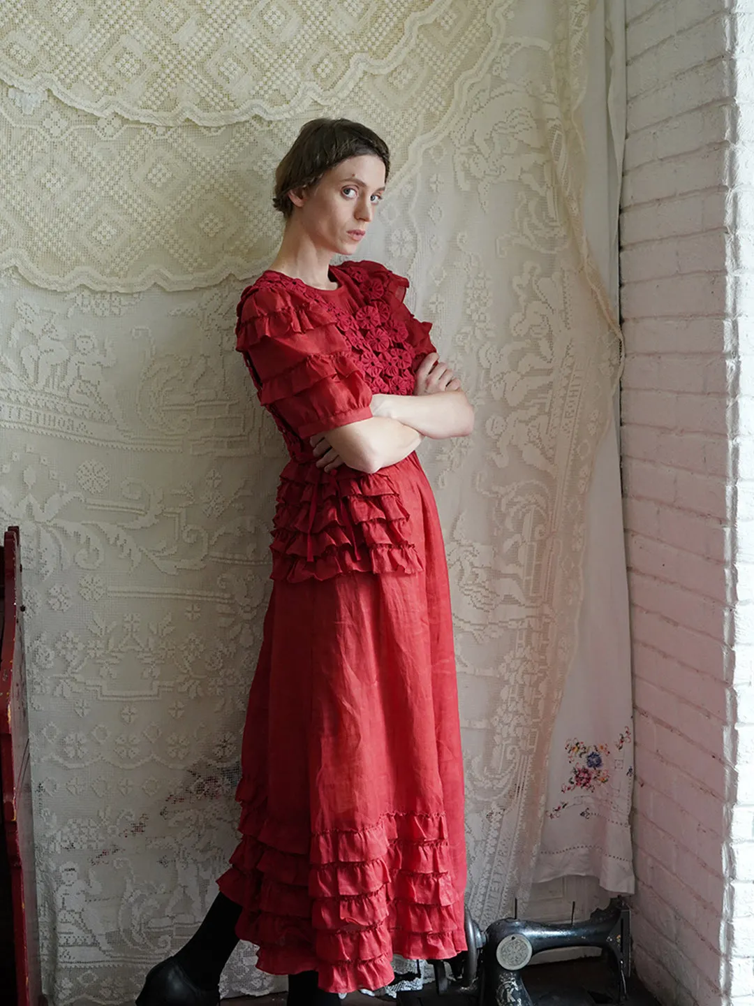 Unlogical Poem Victorian Style Ruffled Red/Black/Pink Ramie Dress