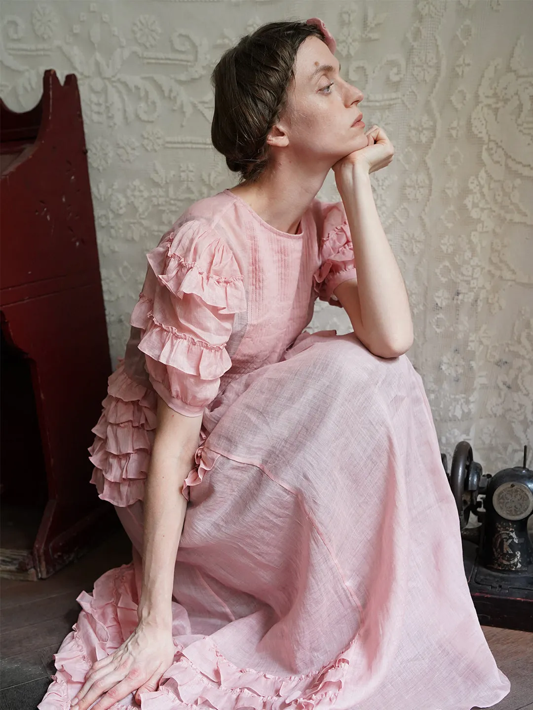 Unlogical Poem Victorian Style Ruffled Red/Black/Pink Ramie Dress