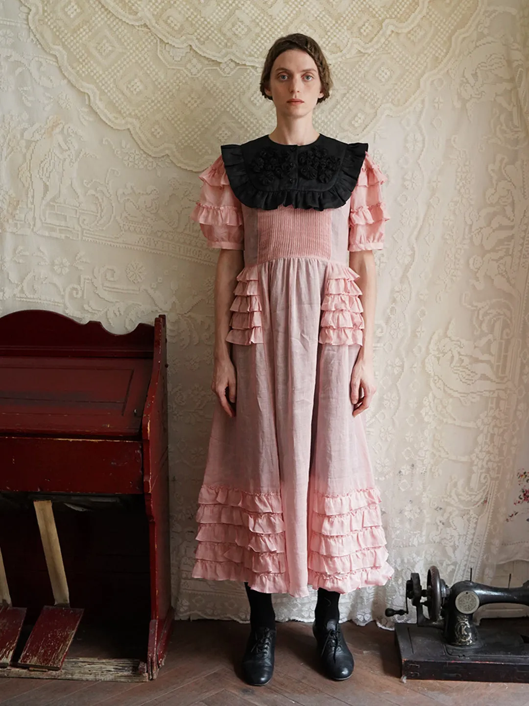 Unlogical Poem Victorian Style Ruffled Red/Black/Pink Ramie Dress