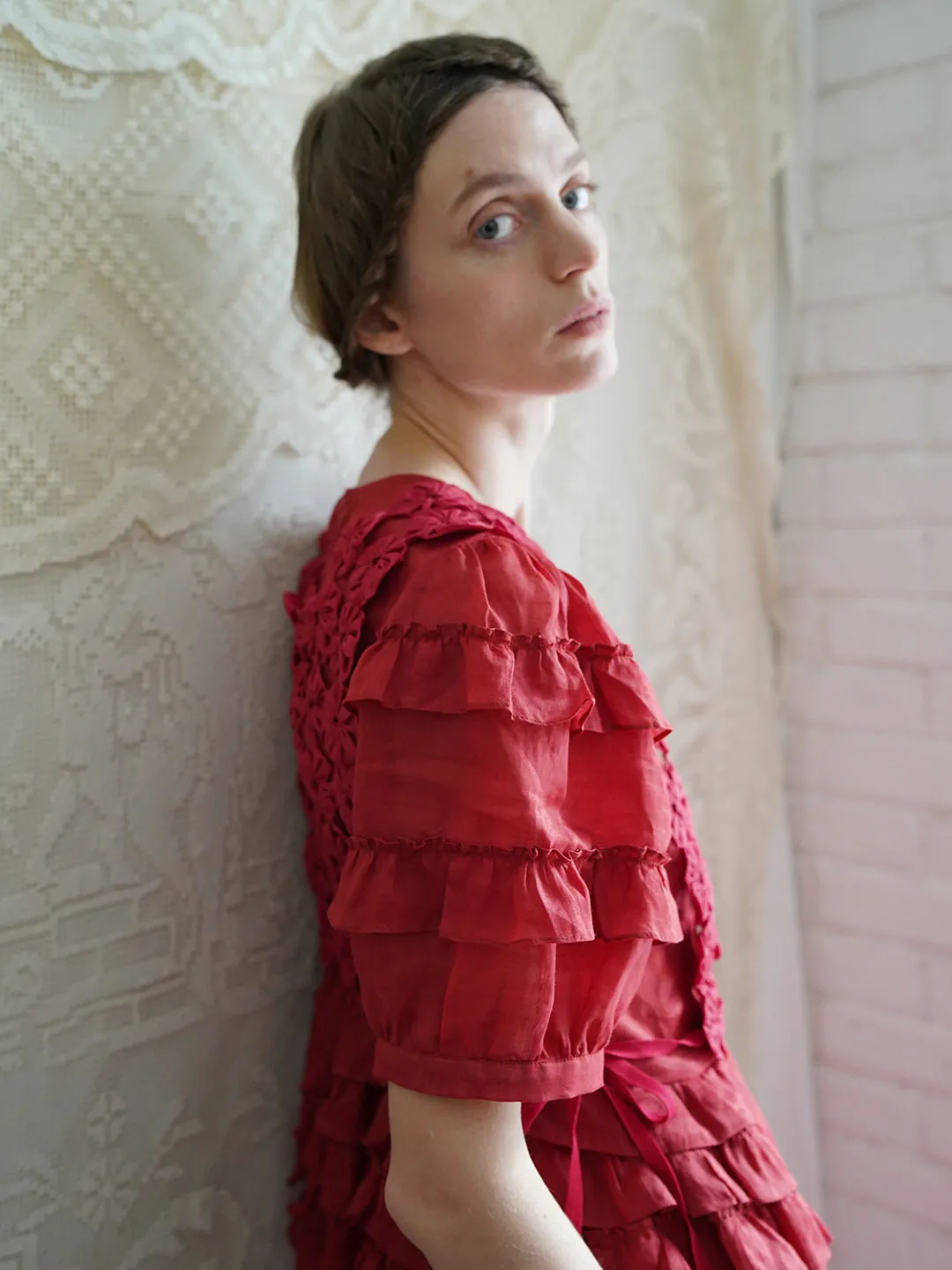 Unlogical Poem Victorian Style Ruffled Red/Black/Pink Ramie Dress