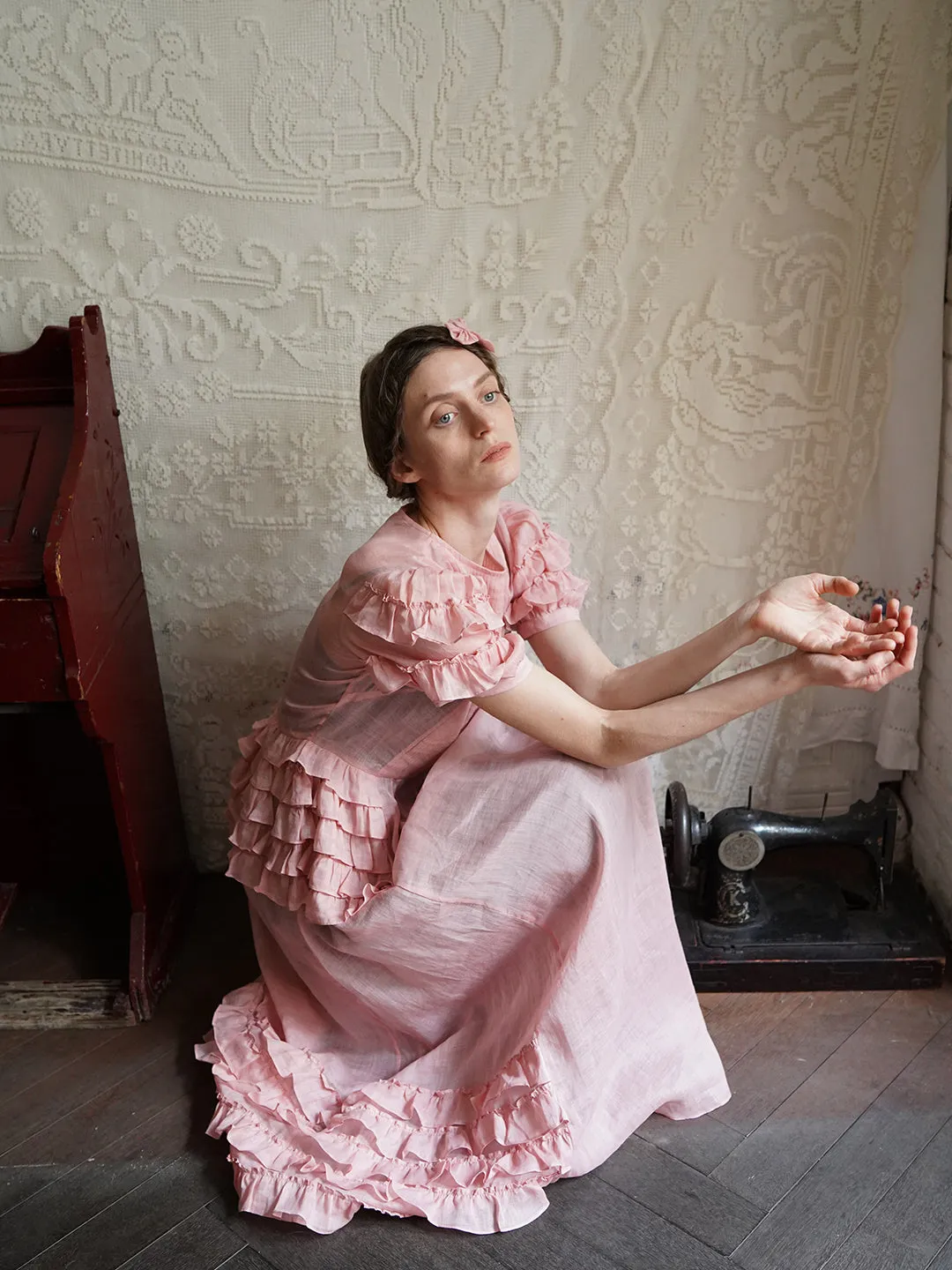 Unlogical Poem Victorian Style Ruffled Red/Black/Pink Ramie Dress
