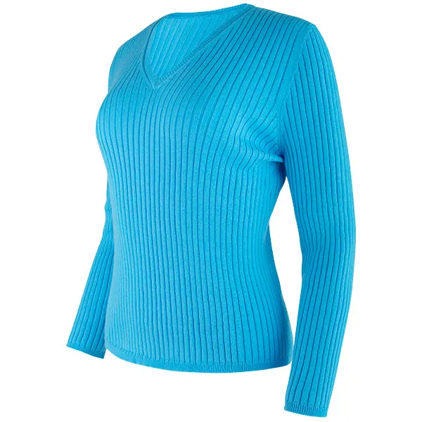 V-Neck Rib Pullover in Aquamarina