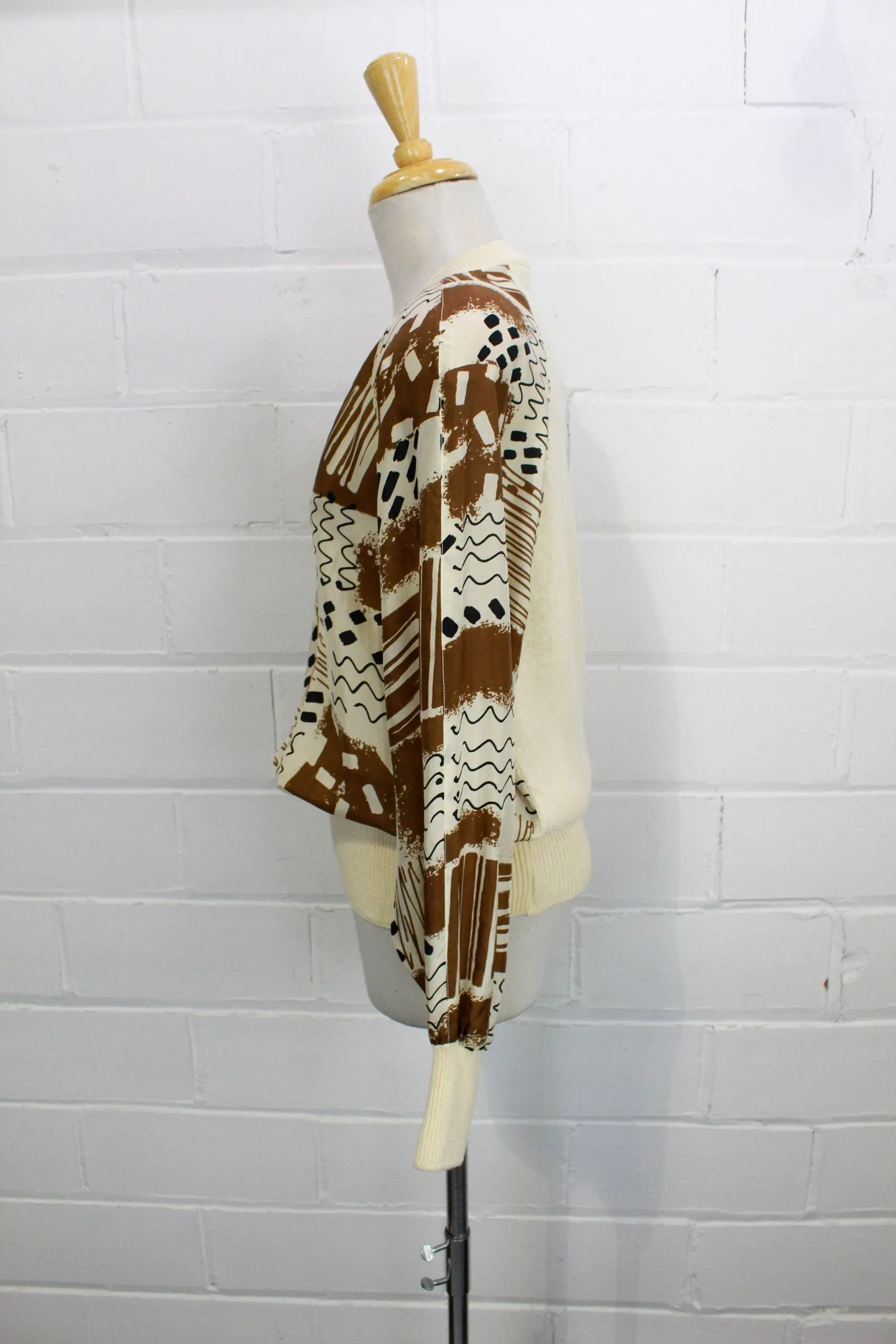 Vintage 1980s Brown & Cream Silk Print Knit Top, M/L