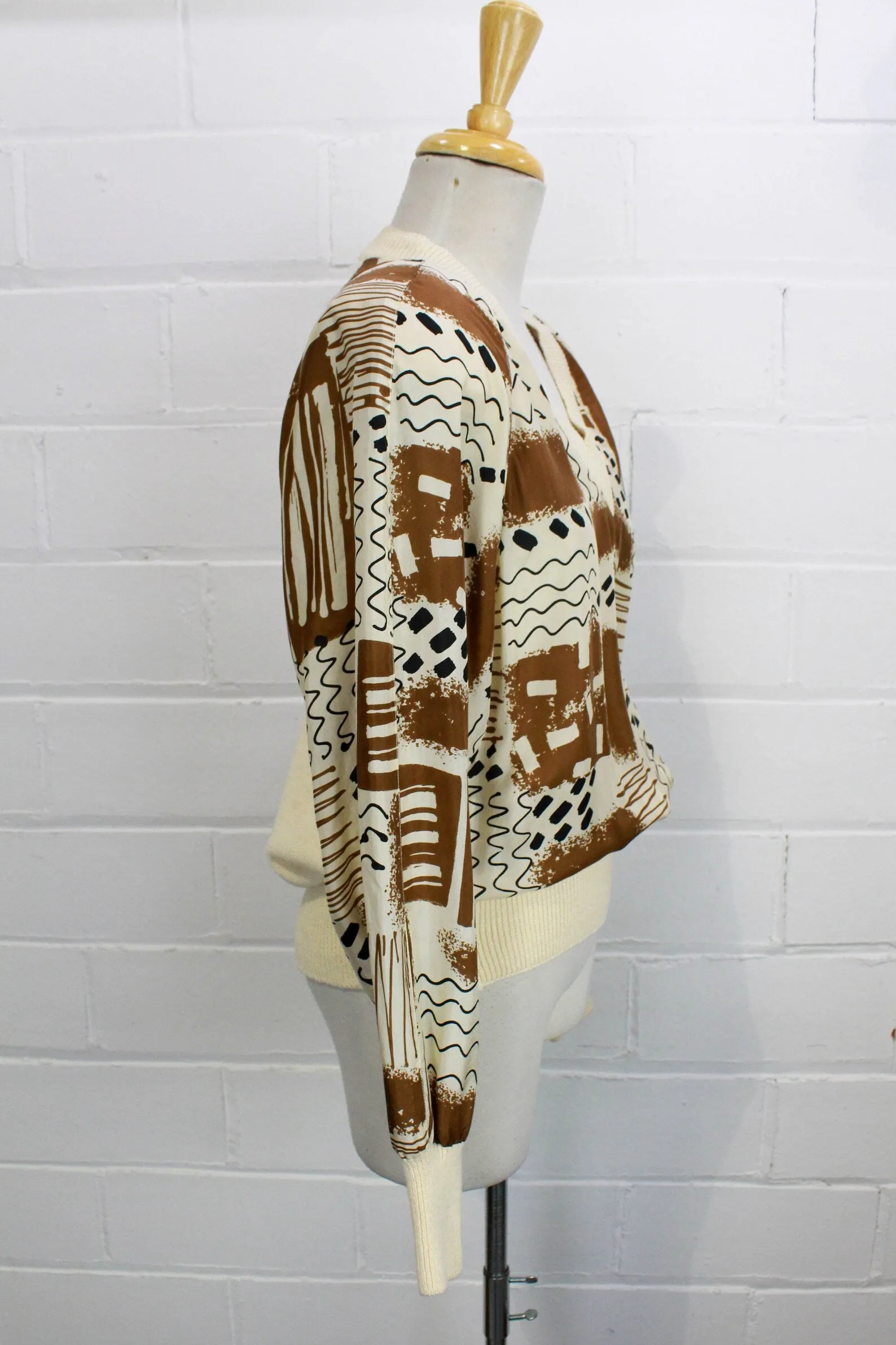 Vintage 1980s Brown & Cream Silk Print Knit Top, M/L