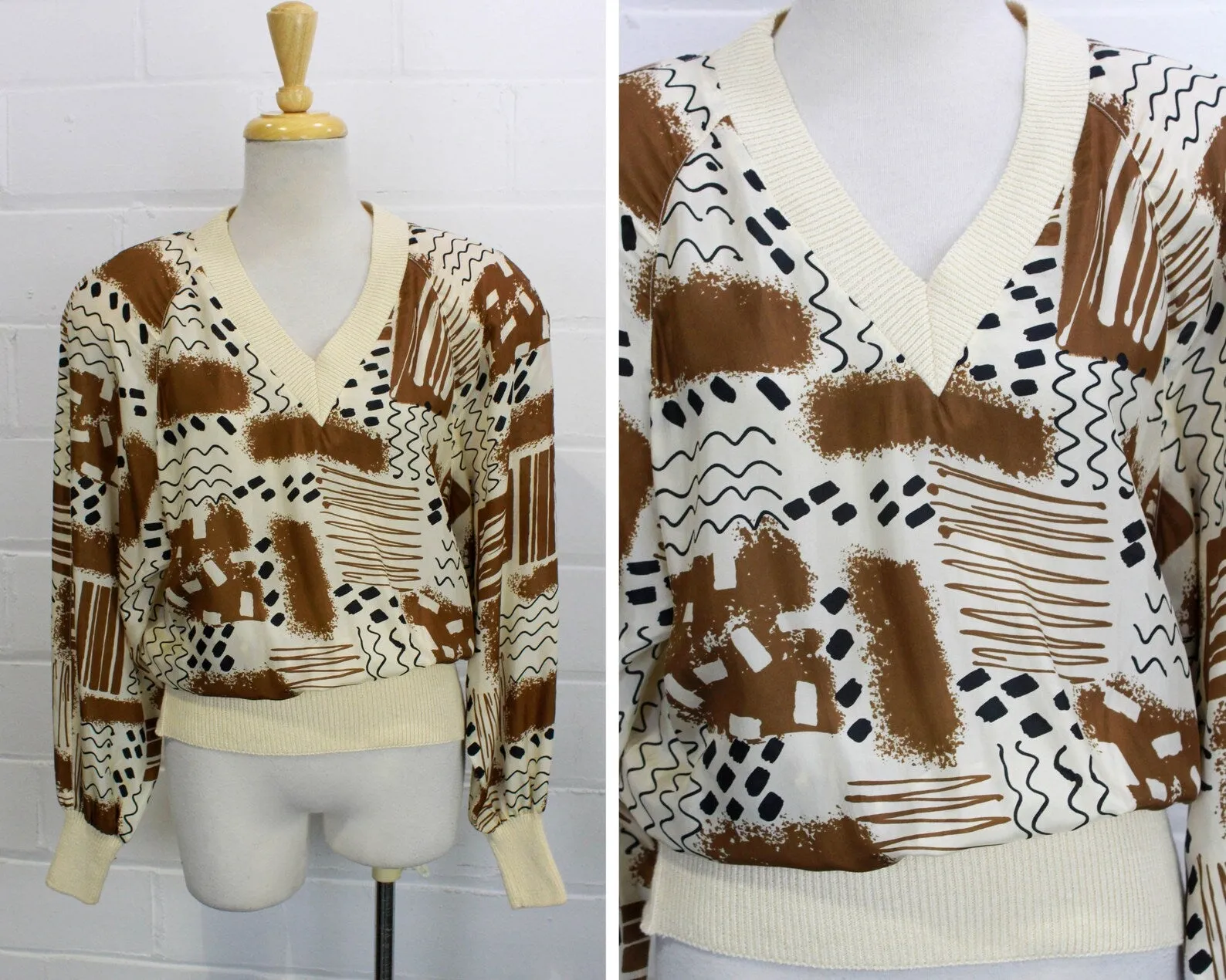 Vintage 1980s Brown & Cream Silk Print Knit Top, M/L