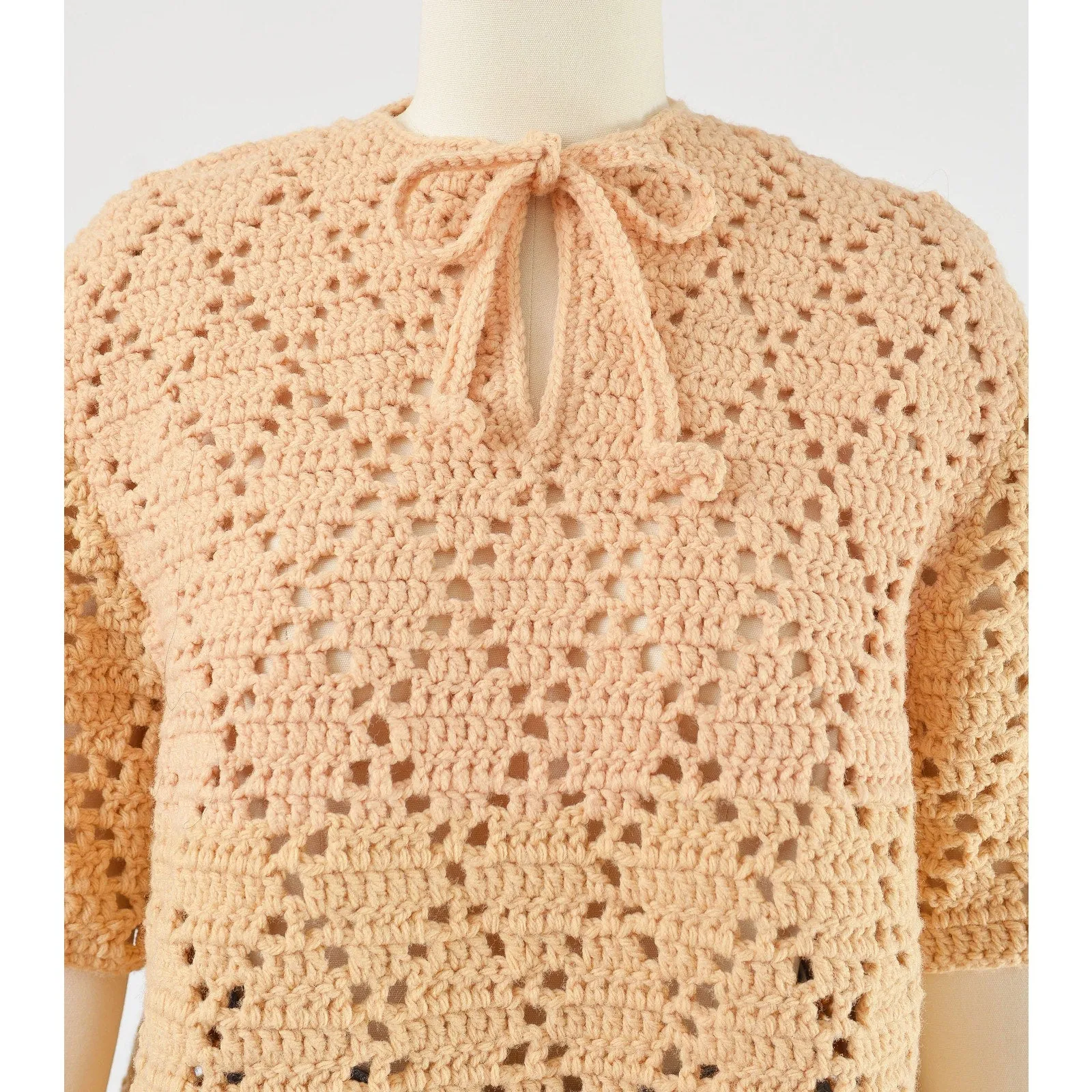 Vintage 70s Bisque Hand Knit Sheer Crochet Sweater Boho Hippie Top size M