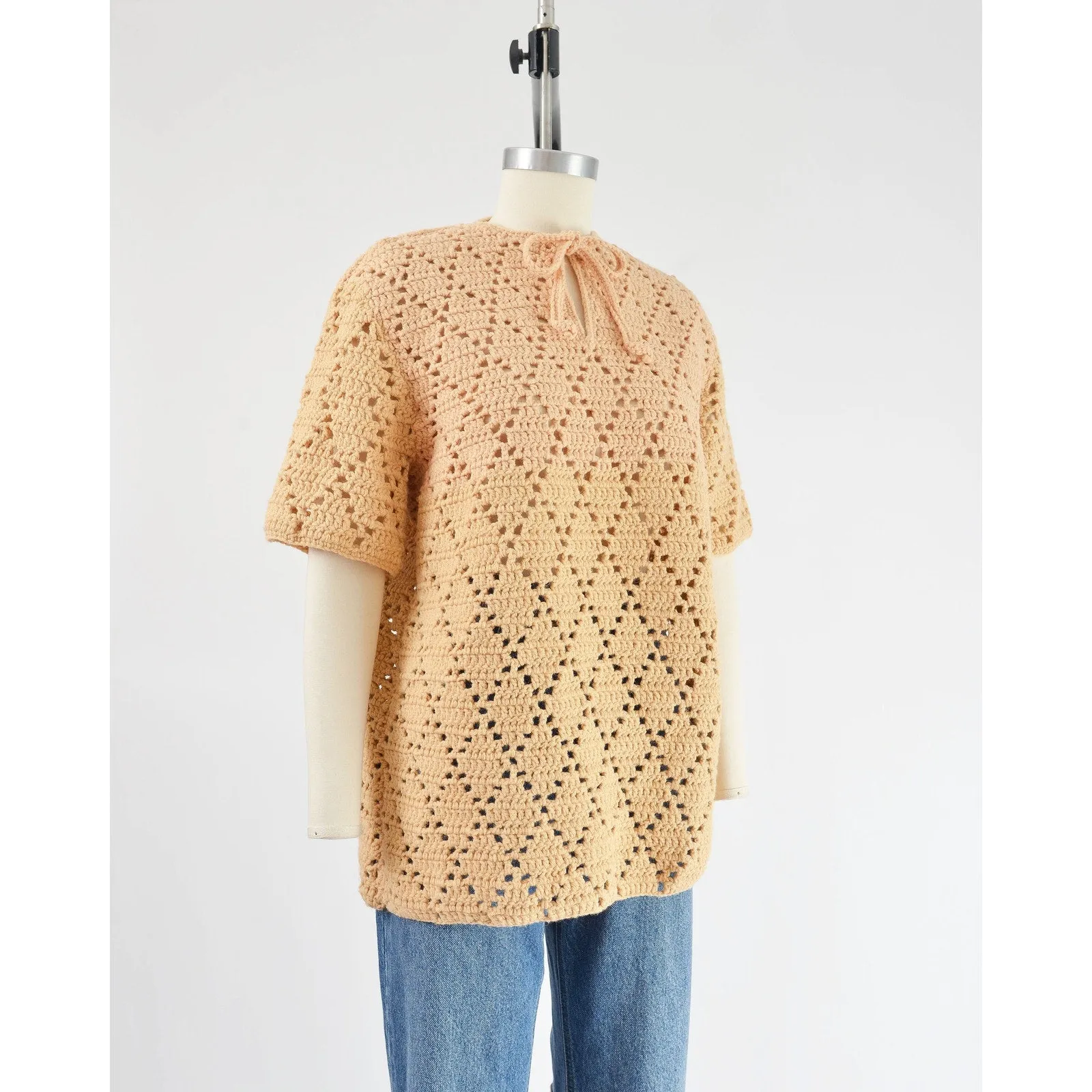 Vintage 70s Bisque Hand Knit Sheer Crochet Sweater Boho Hippie Top size M