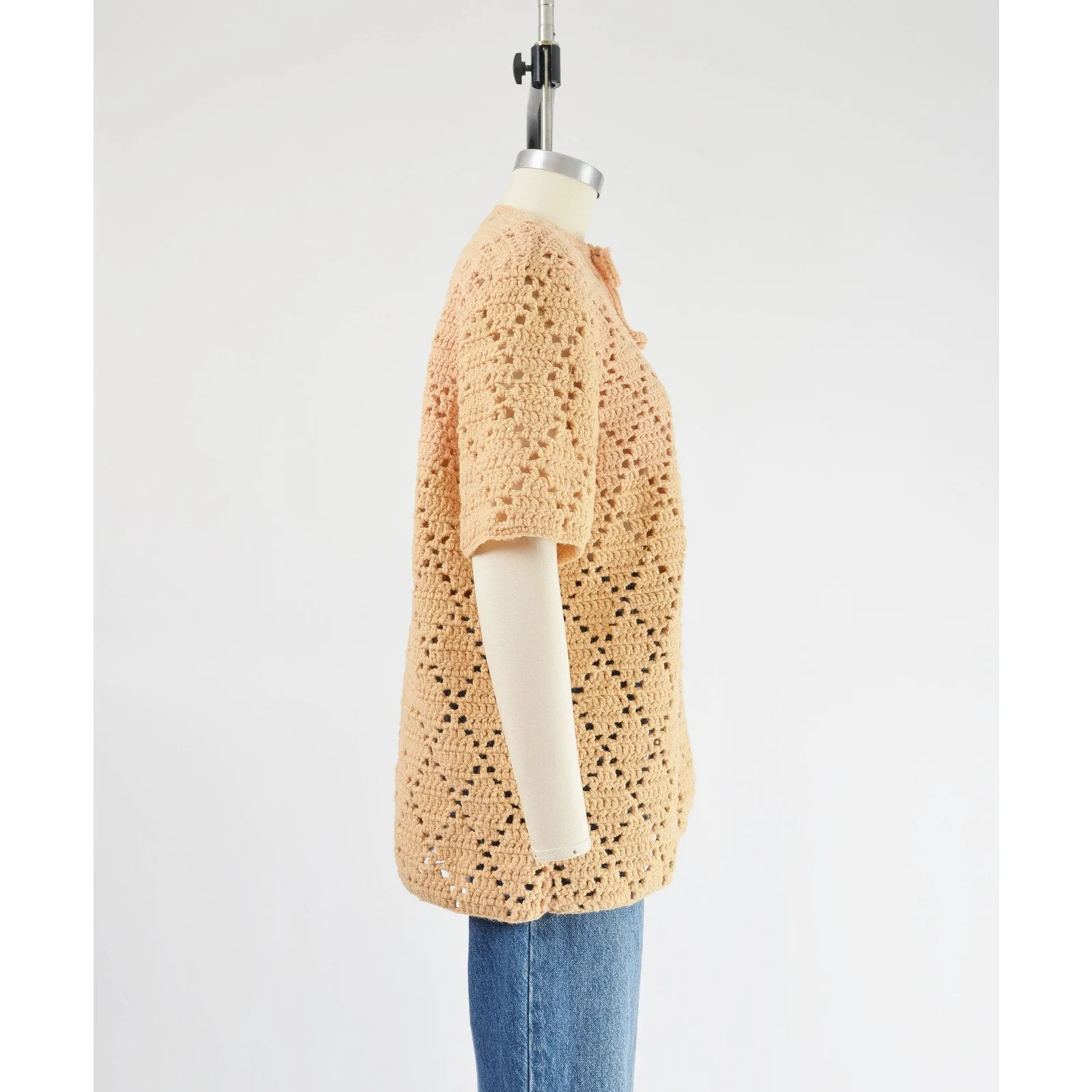 Vintage 70s Bisque Hand Knit Sheer Crochet Sweater Boho Hippie Top size M