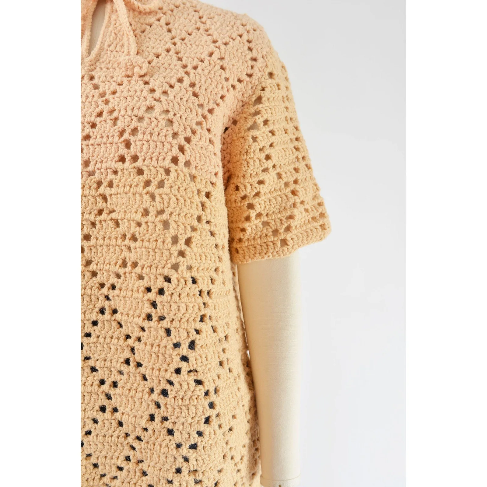 Vintage 70s Bisque Hand Knit Sheer Crochet Sweater Boho Hippie Top size M