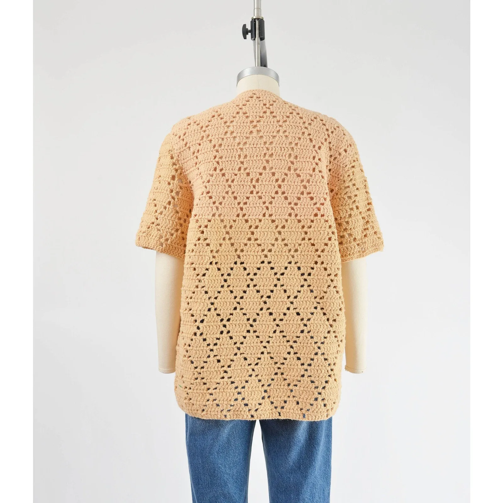 Vintage 70s Bisque Hand Knit Sheer Crochet Sweater Boho Hippie Top size M