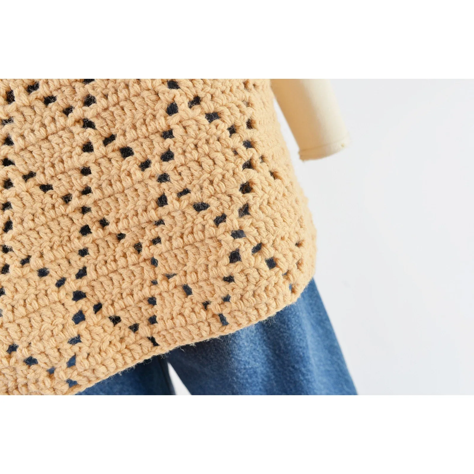 Vintage 70s Bisque Hand Knit Sheer Crochet Sweater Boho Hippie Top size M