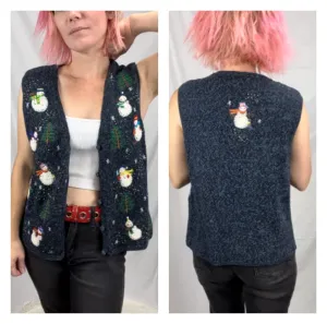 Vintage 80s 90s | Blue Snowman Hand Knit Tacky Ugly Christmas Sweater Vest | S