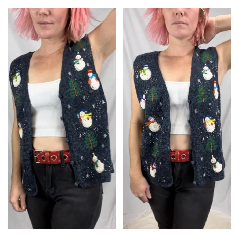 Vintage 80s 90s | Blue Snowman Hand Knit Tacky Ugly Christmas Sweater Vest | S