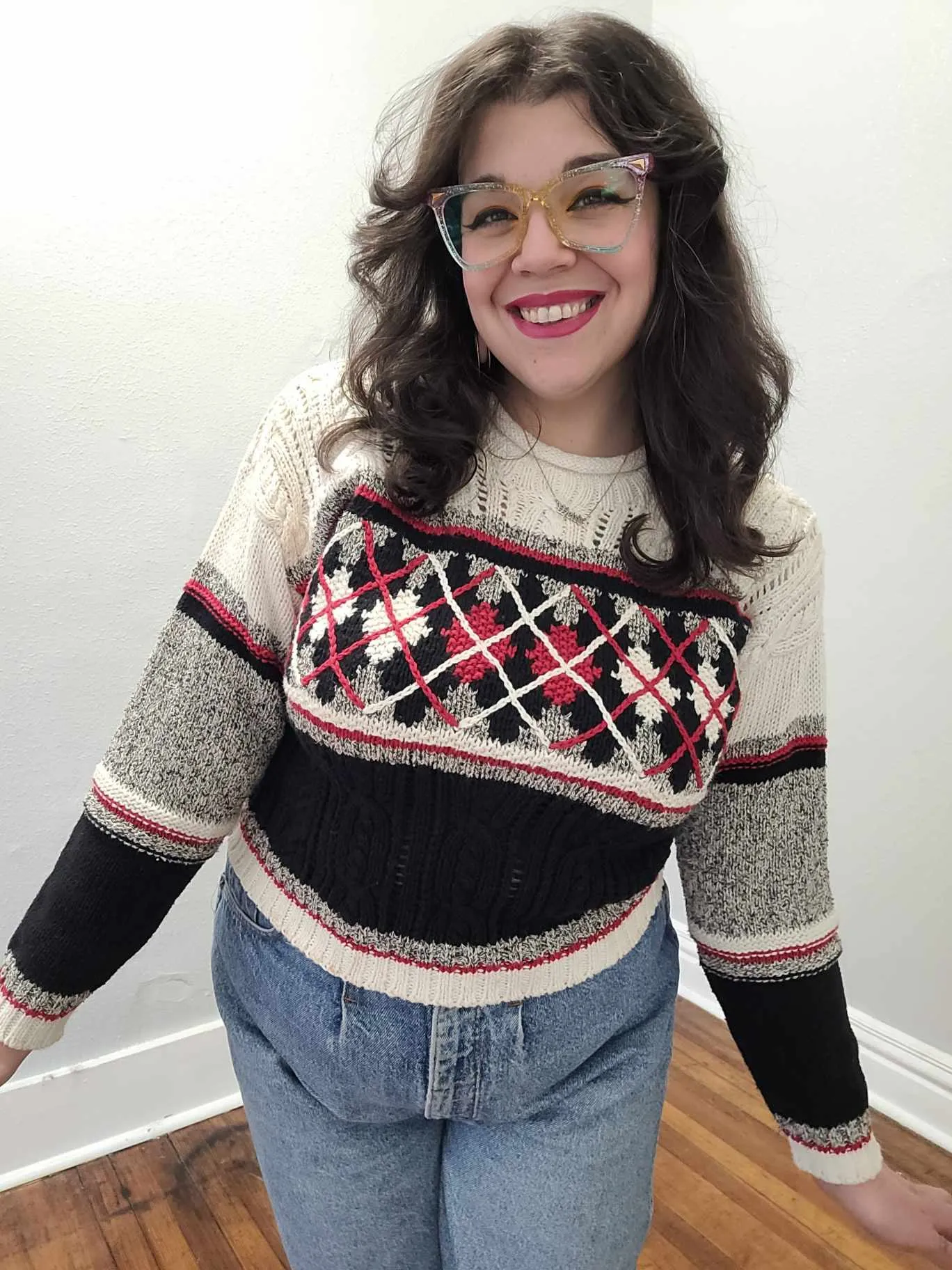 Vintage 90's White, Red, and Black Argyle Sweater