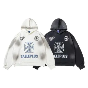 Vintage Cross Letter Printed Distressed Hooded Sweater for Men - Loose Fit Pullover