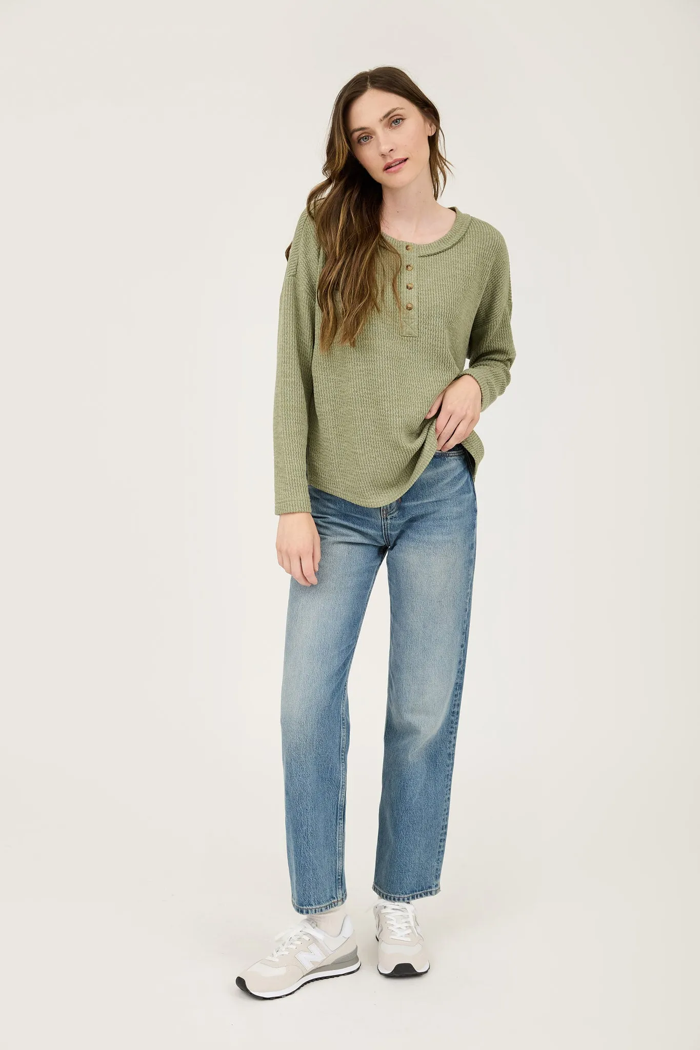 WAFFLE KNIT HENLEY LONG SLEEVE KNIT TOP