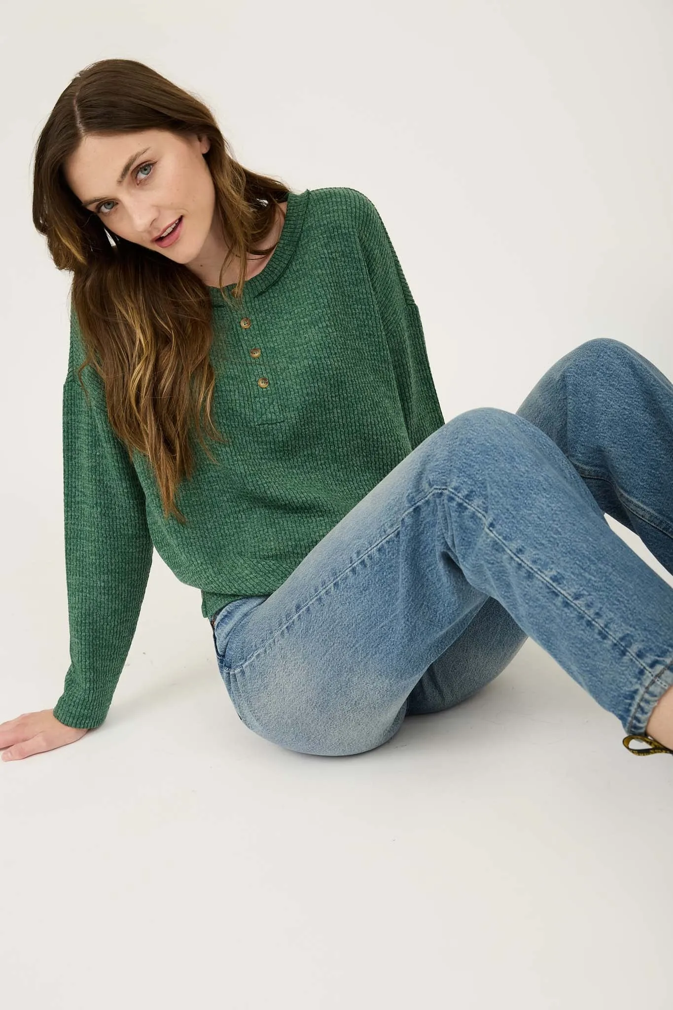 WAFFLE KNIT HENLEY LONG SLEEVE KNIT TOP