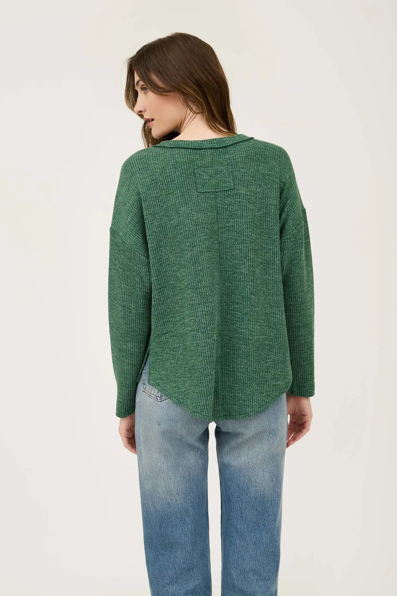 WAFFLE KNIT HENLEY LONG SLEEVE KNIT TOP