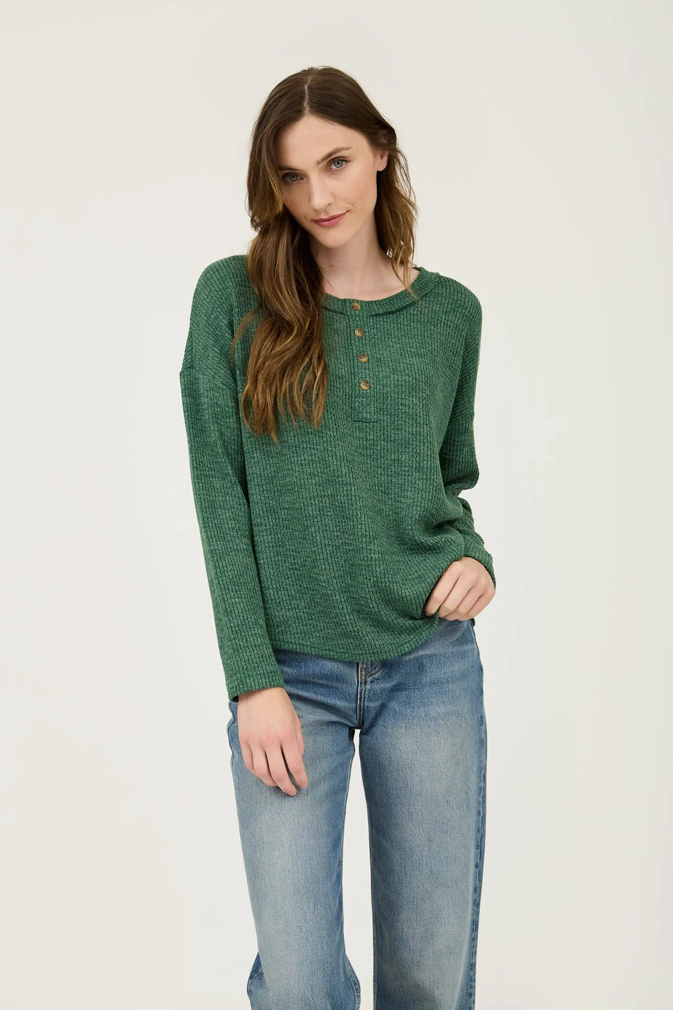 WAFFLE KNIT HENLEY LONG SLEEVE KNIT TOP