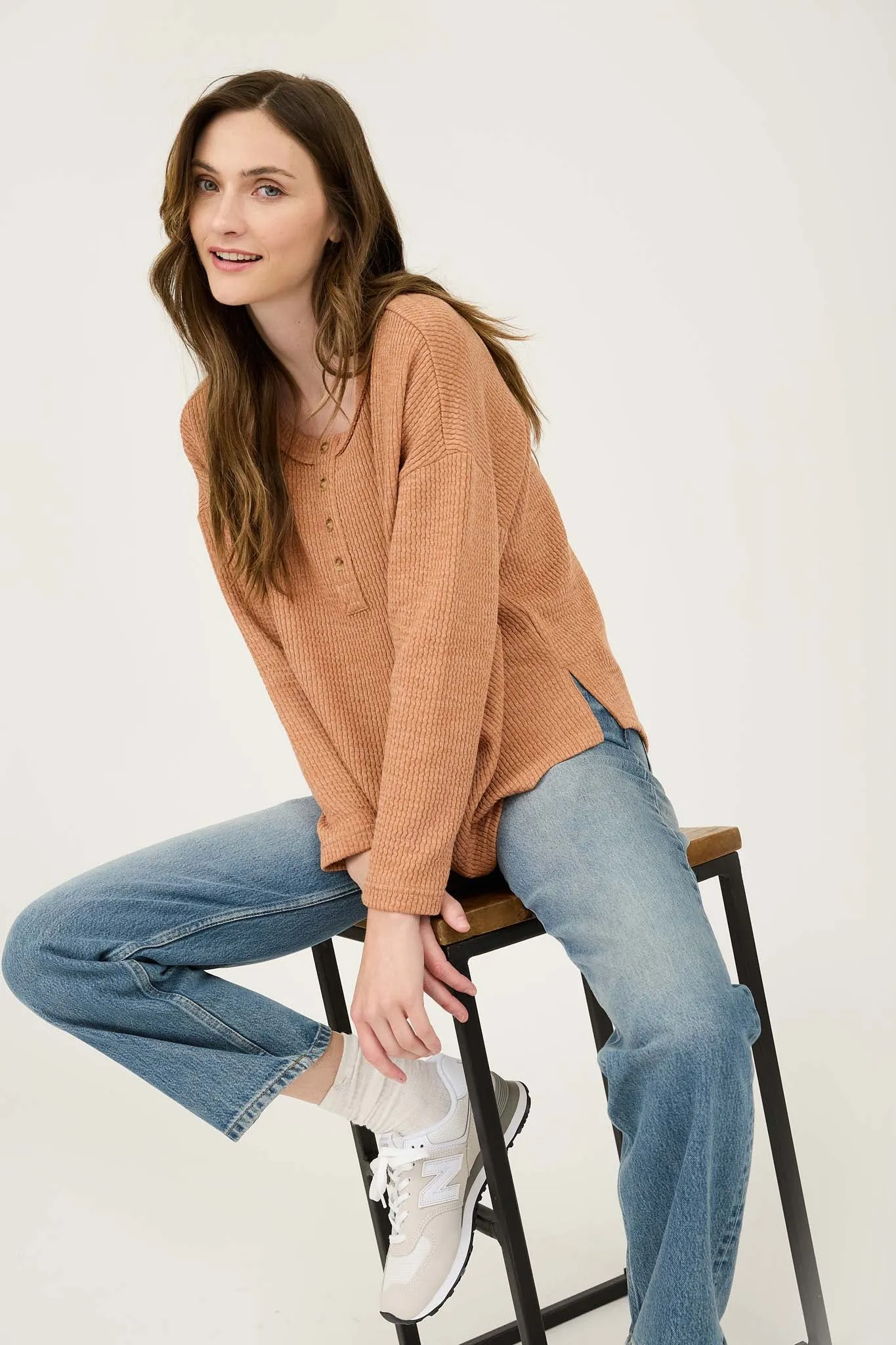 WAFFLE KNIT HENLEY LONG SLEEVE KNIT TOP
