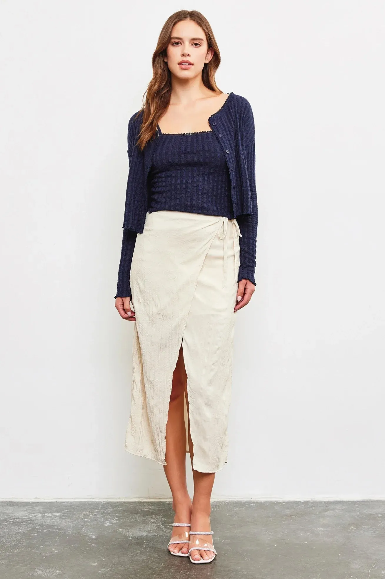 Waffle Knit Long Sleeve Crop Button Up Top