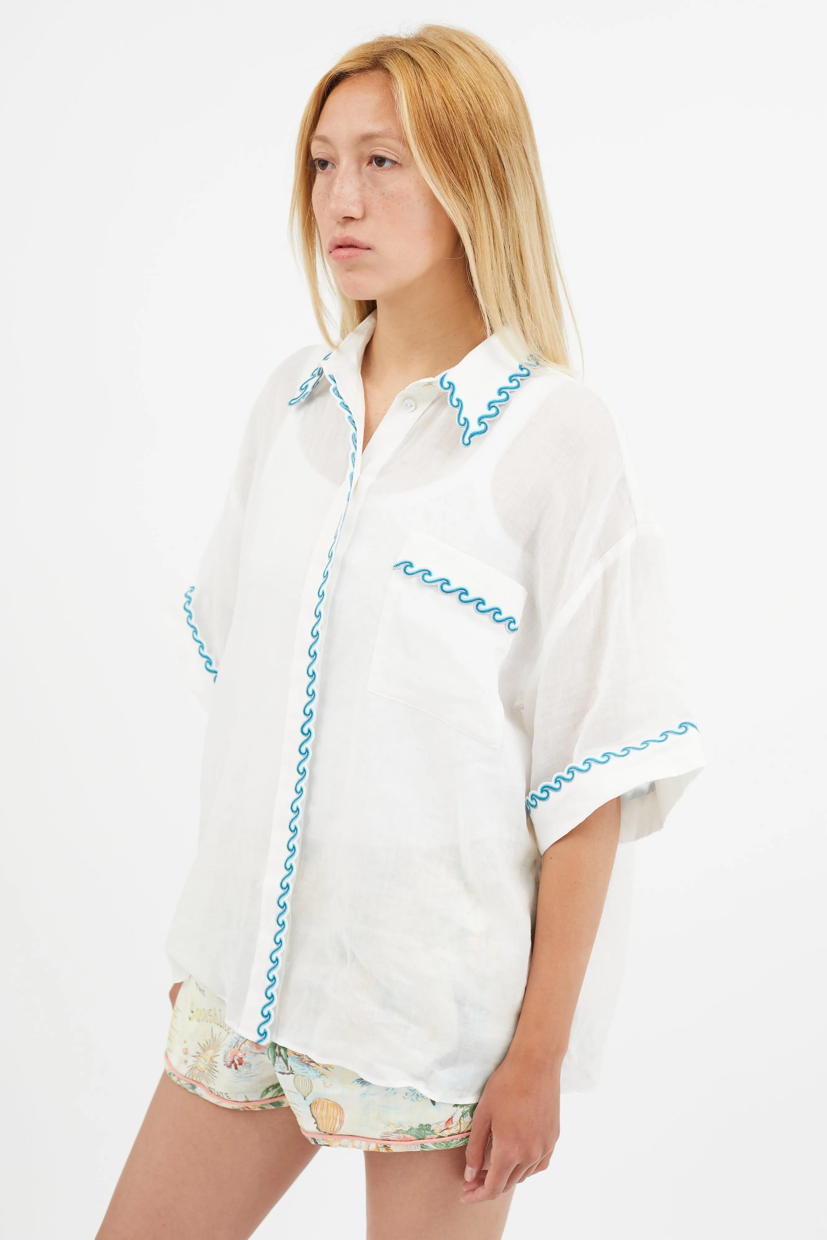 White & Blue Wave Embroidered Semi Sheer Shirt