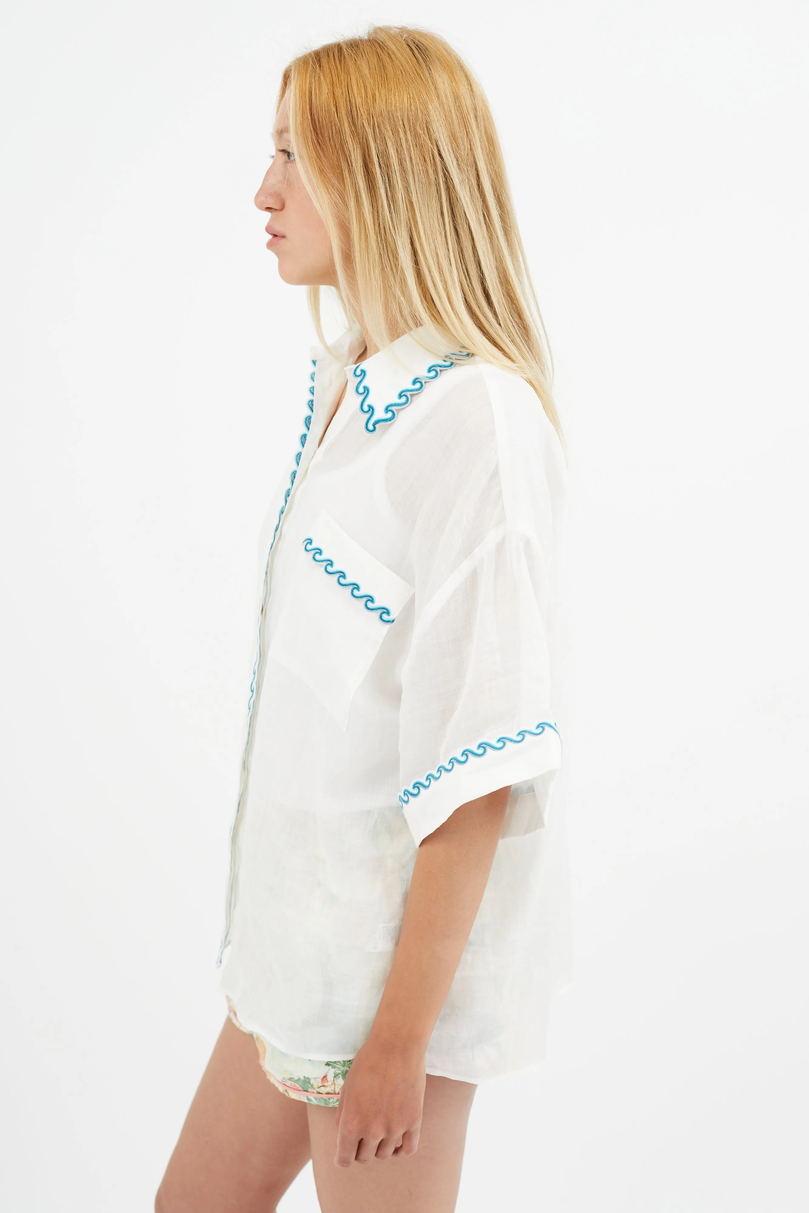 White & Blue Wave Embroidered Semi Sheer Shirt
