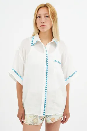 White & Blue Wave Embroidered Semi Sheer Shirt