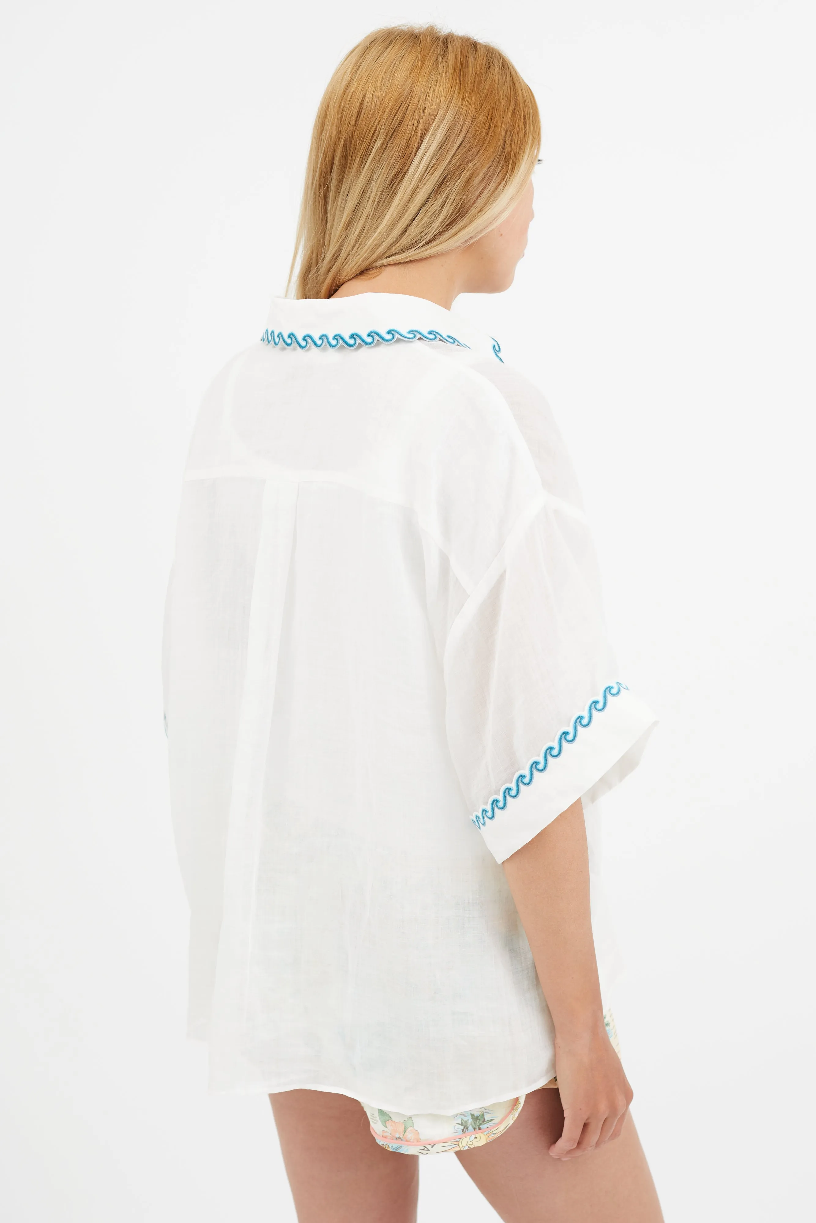 White & Blue Wave Embroidered Semi Sheer Shirt
