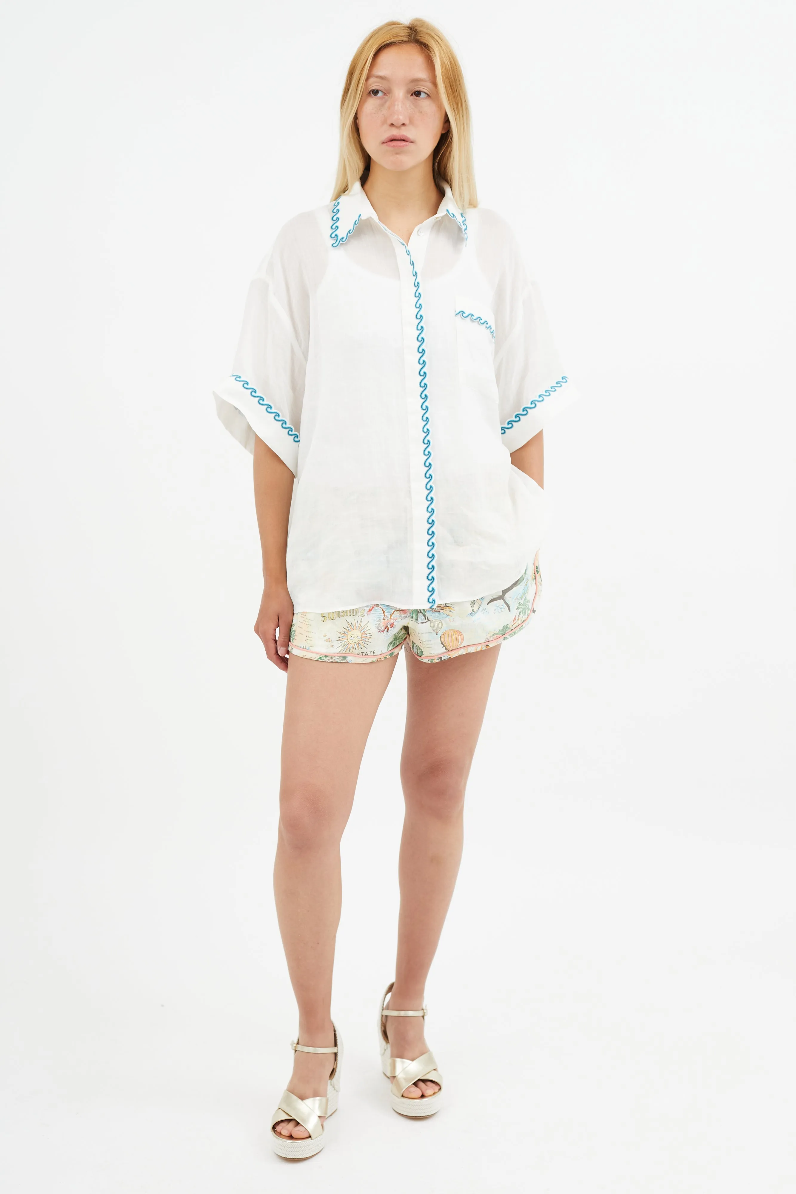 White & Blue Wave Embroidered Semi Sheer Shirt