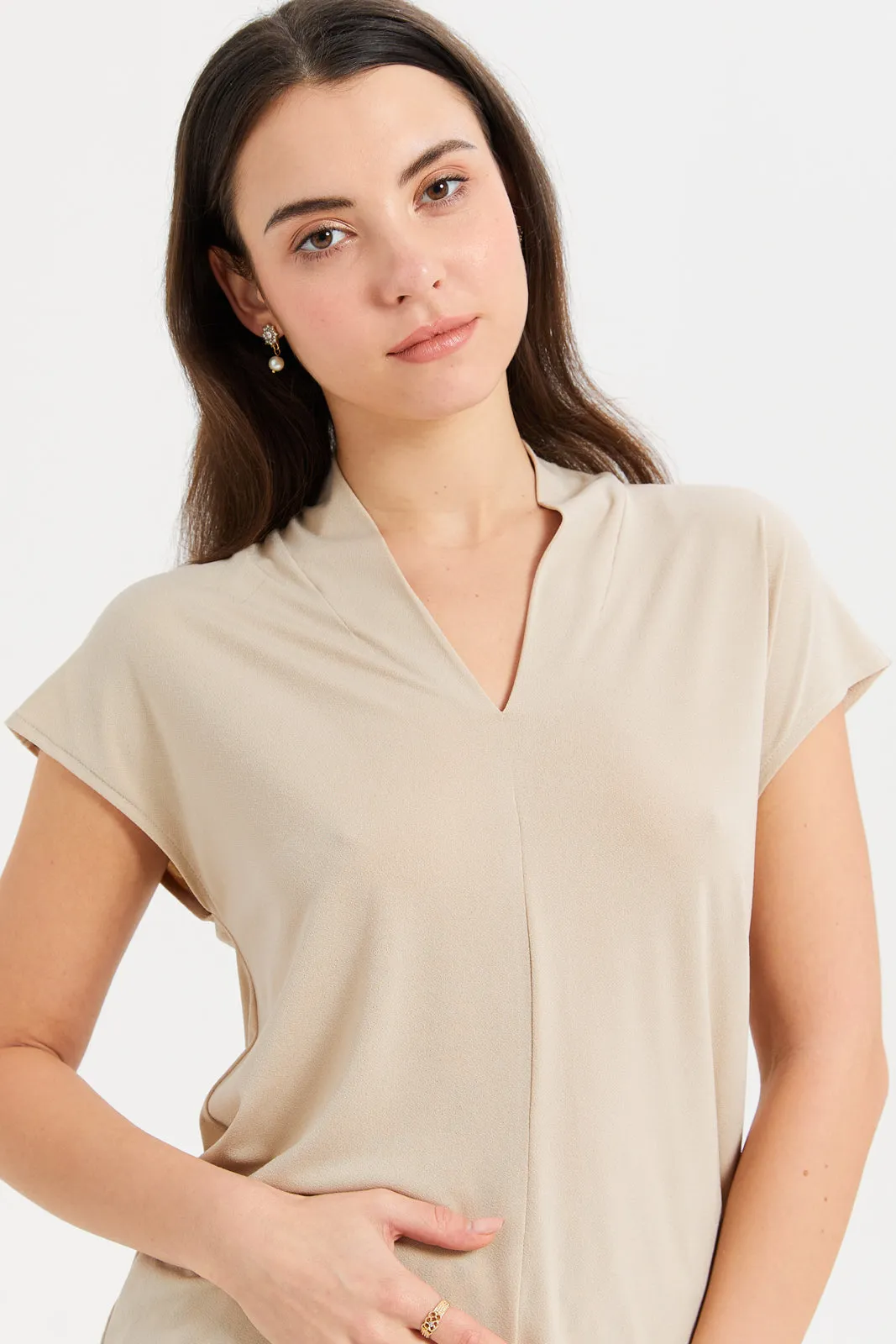 Women Beige Drop Shoulder Knit Top