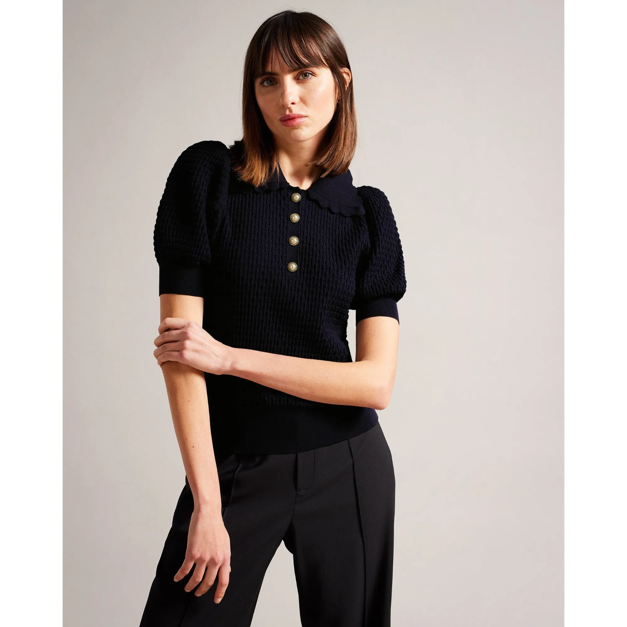 Women Wmk-Reannia-Polo Knit Top With Diamante Buttons - Dk-Blue