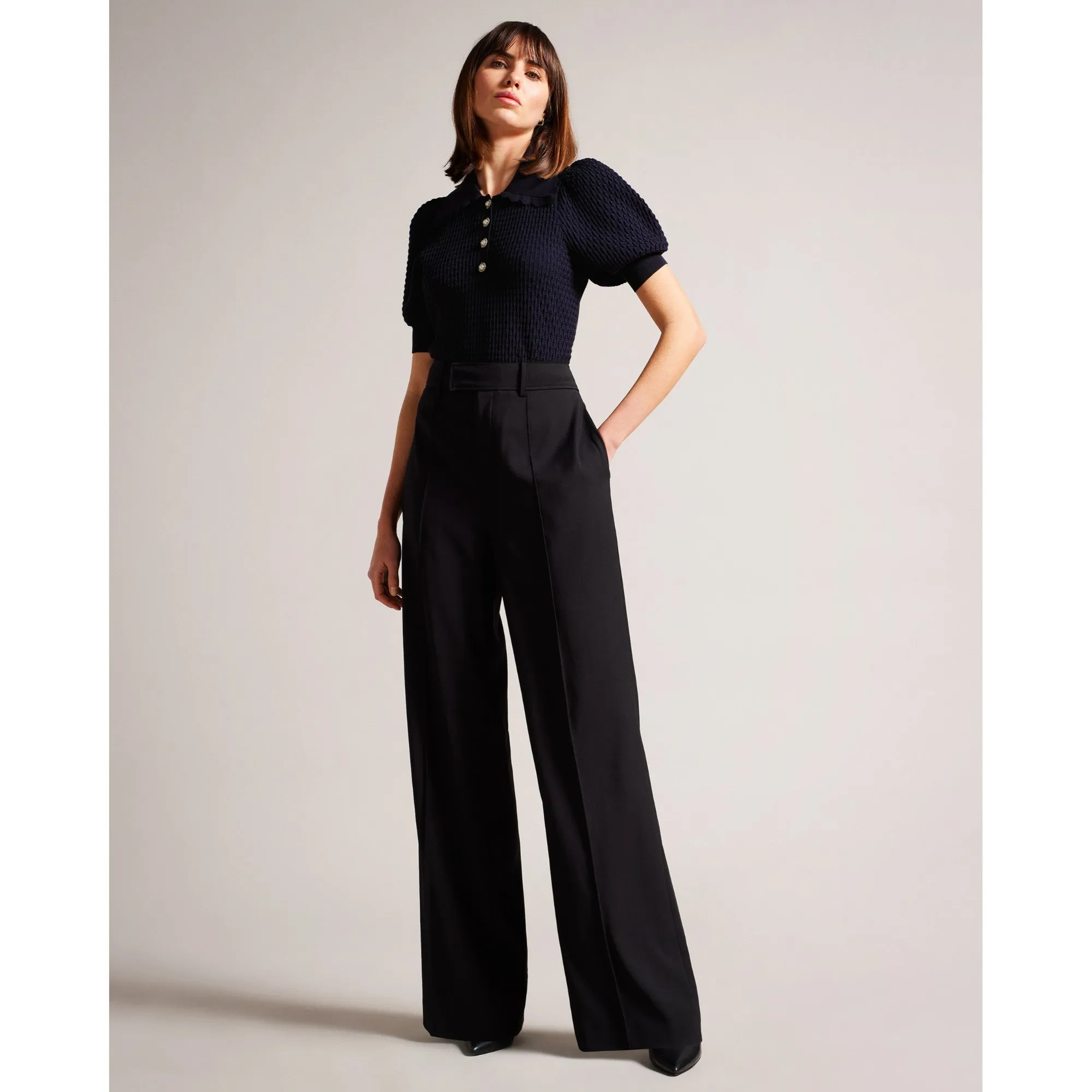 Women Wmk-Reannia-Polo Knit Top With Diamante Buttons - Dk-Blue