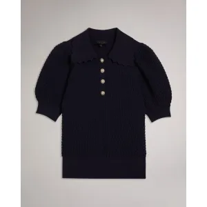 Women Wmk-Reannia-Polo Knit Top With Diamante Buttons - Dk-Blue
